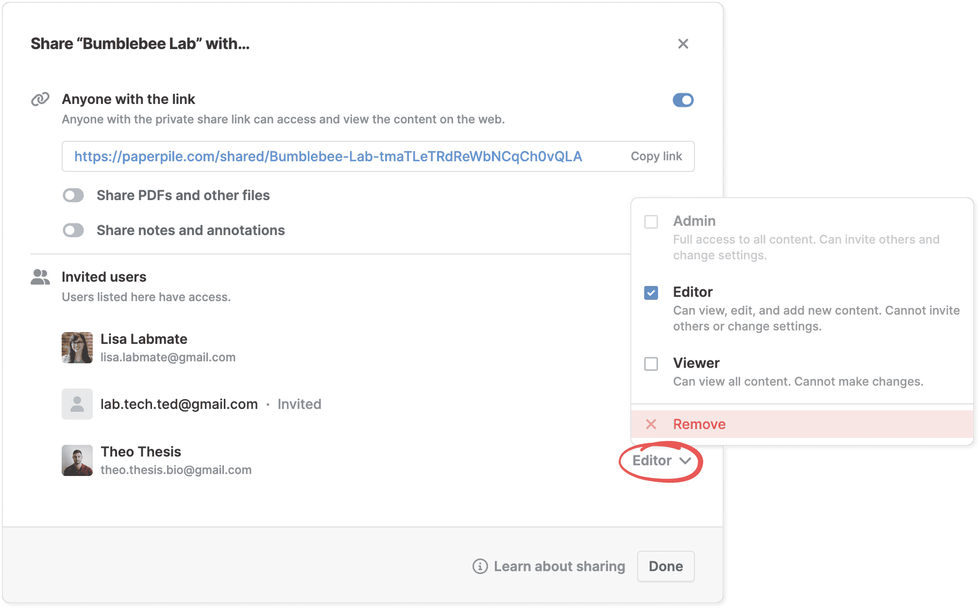 The “Share ‘Bumblebee Lab’ with…” dialog listing invited users with their roles, with a circled role dropdown open on Admin, Editor (ticked), Viewer and a red Remove option used to leave the library.